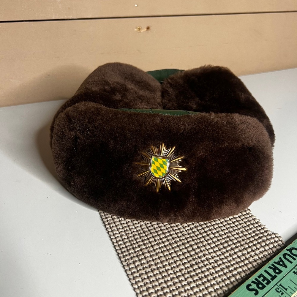 Vintage West German Police Winter Hat Albert Kempf KG Brown Fux Fur Ushanka 57.5
